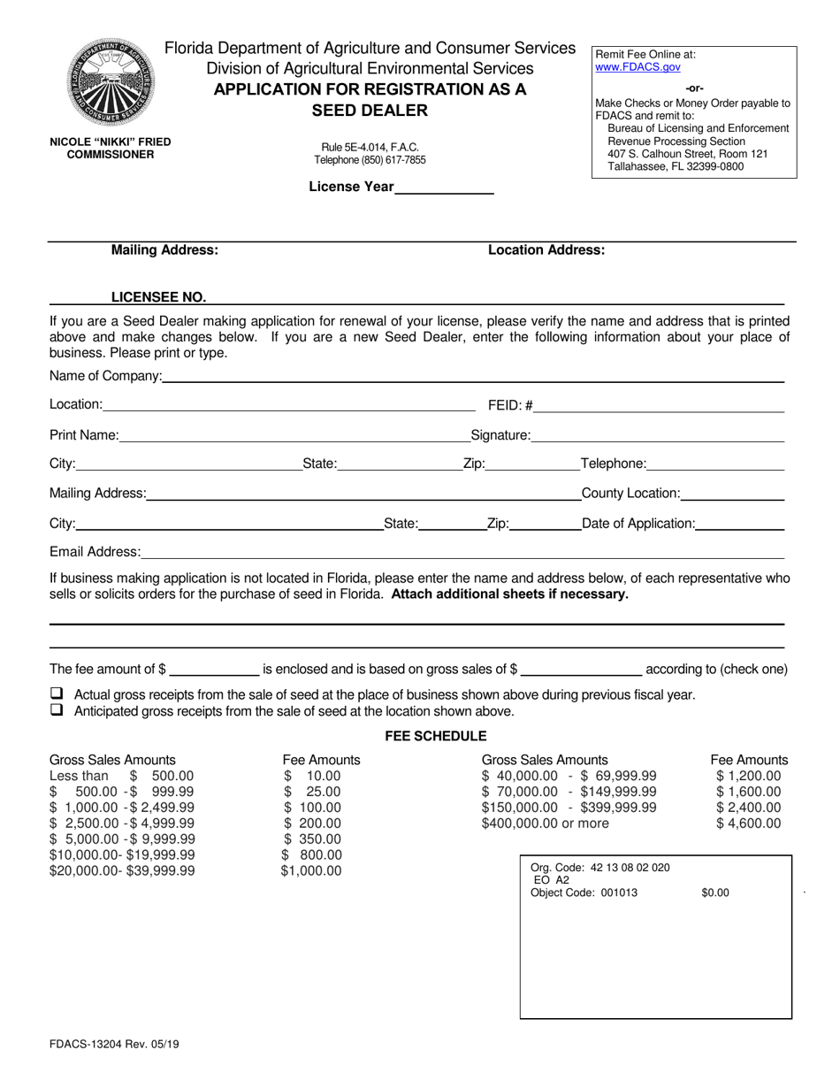 Form FDACS-13204 Application for Registration as Seed Dealer - Florida, Page 1
