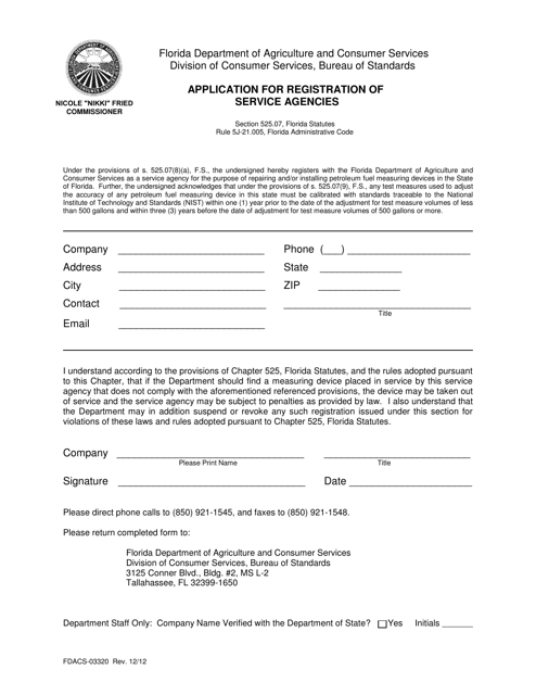 Form FDACS-03320 Application for Registration of Service Agencies - Florida