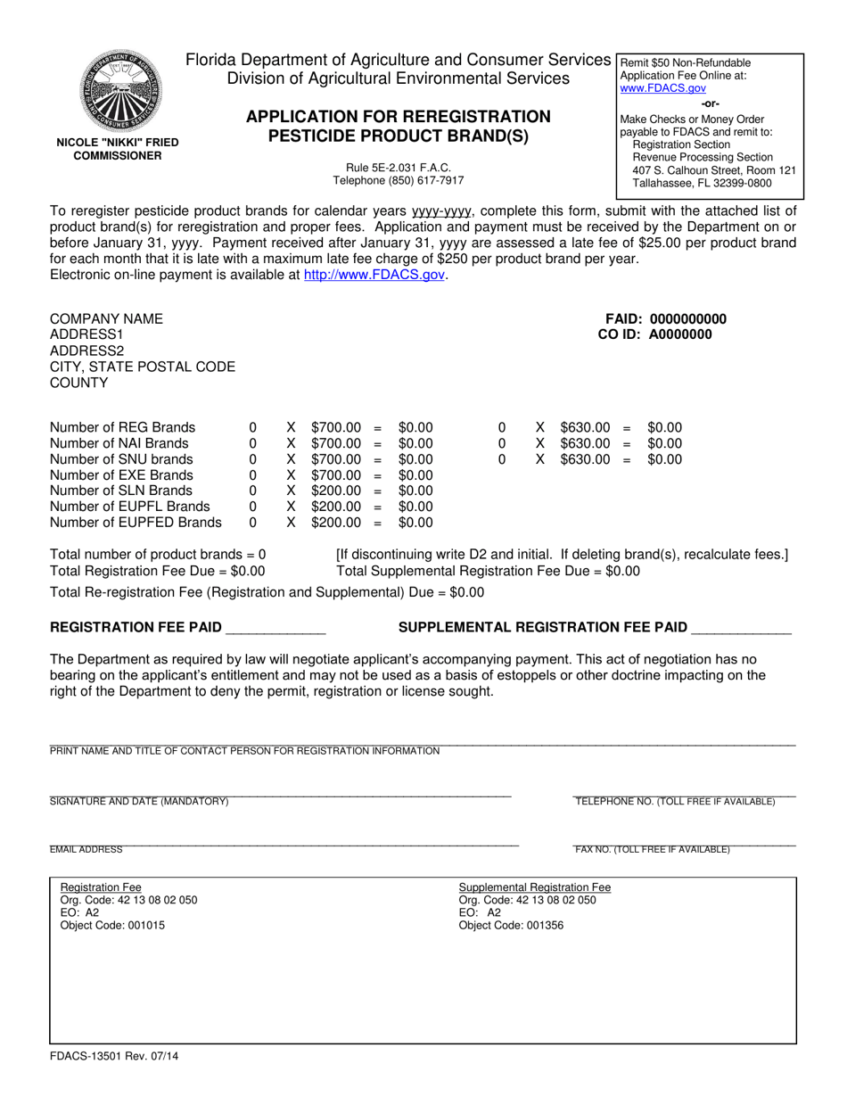 Form FDACS-13501 Application for Reregistration Pesticide Product Brand(S) - Florida, Page 1