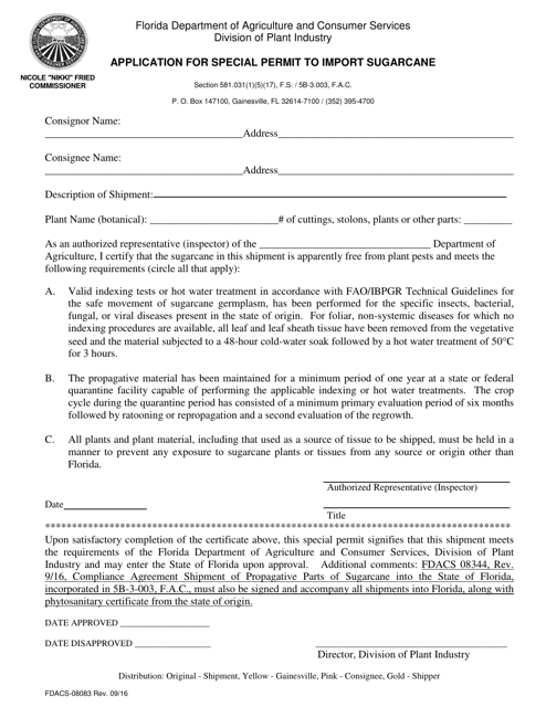 Form FDACS-08083 Application for Special Permit to Import Sugarcane - Florida