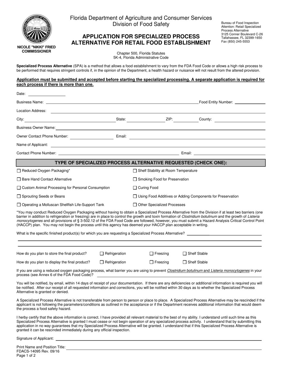 Form FDACS-14095 Application for Specialized Process Alternative for Retail Food Establishment - Florida, Page 1