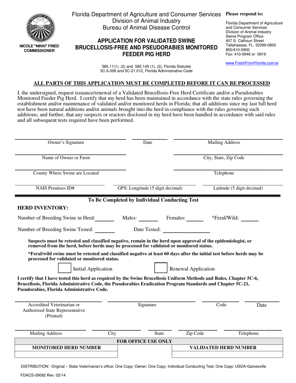 Form FDACS-09092 Application for Validated Swine Brucellosis-Free and Pseudorabies Monitored Feeder Pig Herd - Florida, Page 1