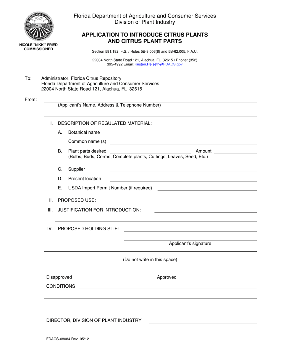 Form FDACS-08084 Application to Introduce Citrus Plants and Citrus Plant Parts - Florida, Page 1