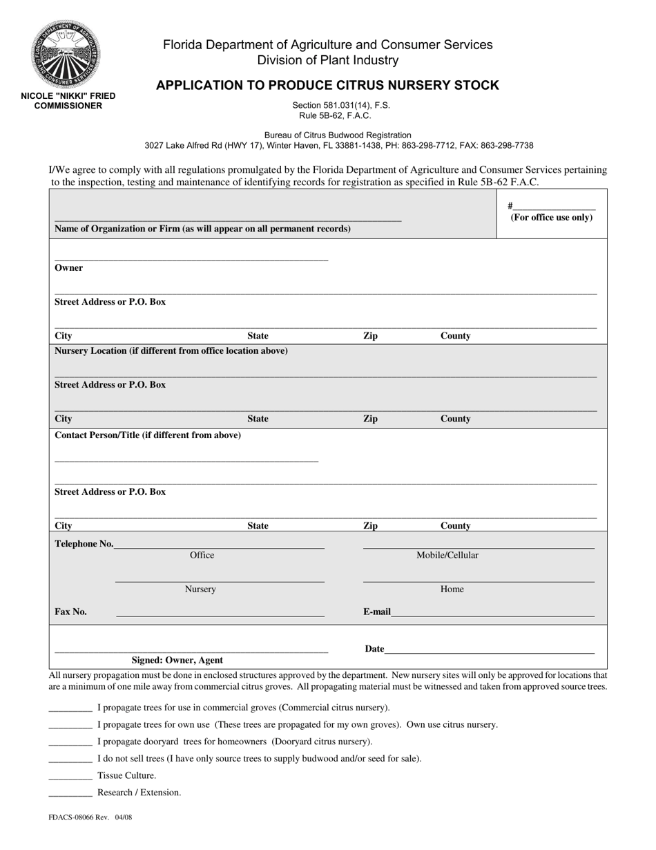 Form FDACS-08066 Application to Produce Citrus Nursery Stock - Florida, Page 1