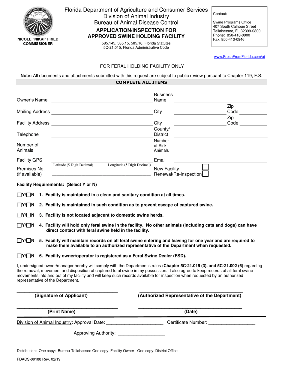 Form FDACS-09188 Application / Inspection for Approved Swine Holding Facility - Florida, Page 1