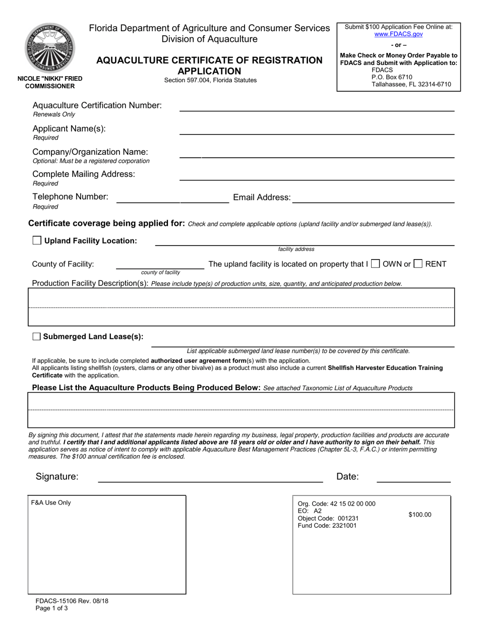 Form FDACS-15106 Aquaculture Certificate of Registration Application - Florida, Page 1