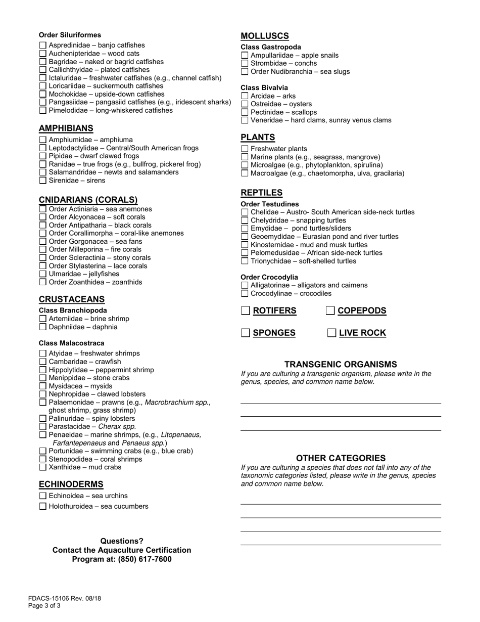 Form FDACS-15106 Aquaculture Certificate of Registration Application - Florida, Page 3