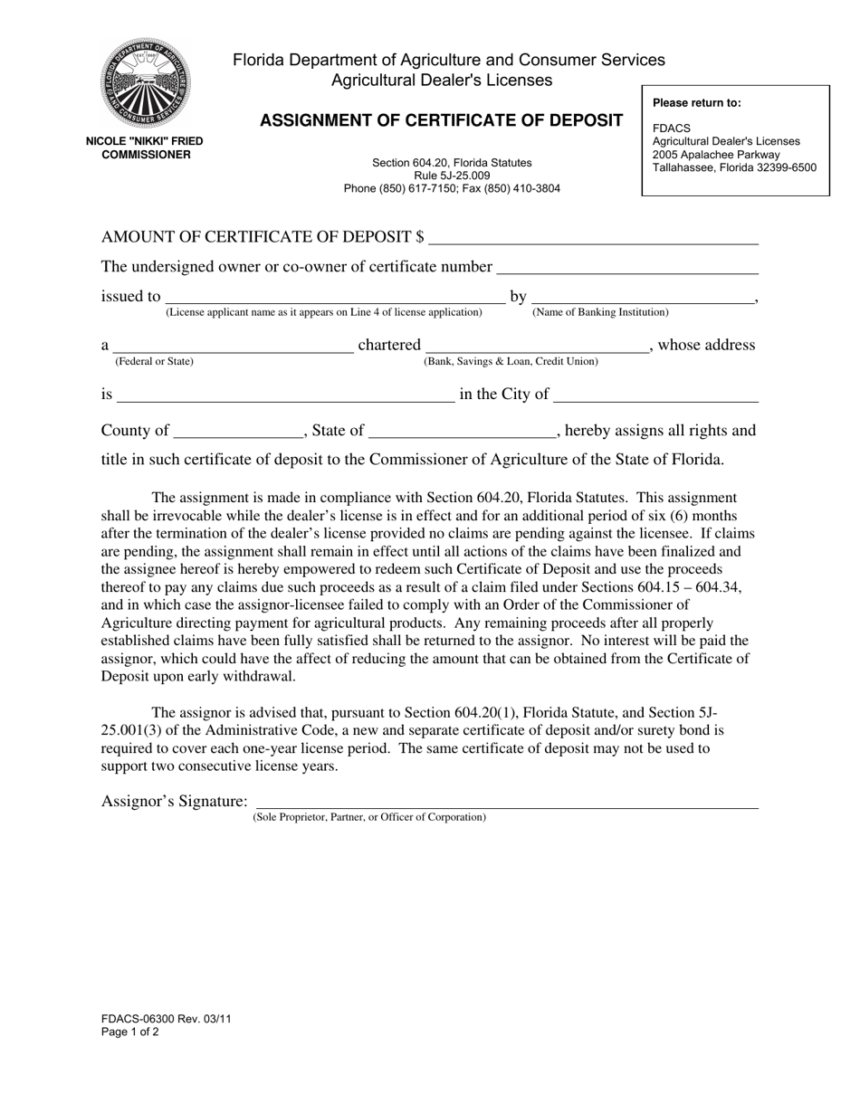 Form FDACS-06300 Assignment of Certificate of Deposit - Florida, Page 1