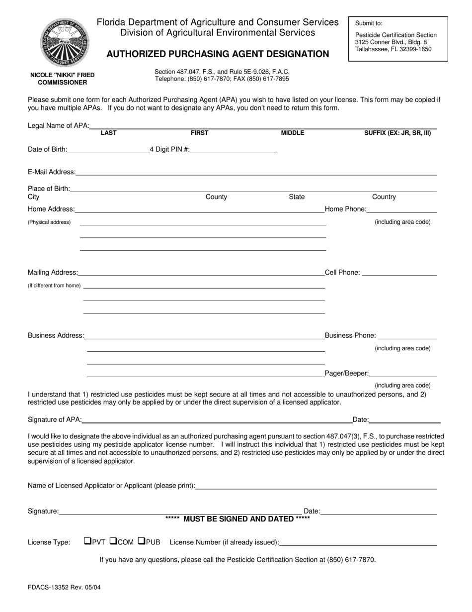 Form FDACS-13352 Authorized Purchasing Agent Designation - Florida, Page 1