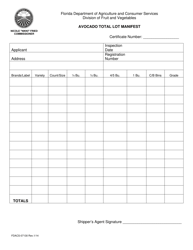 Document preview: Form FDACS-07130 Avocado Total Lot Manifest - Florida