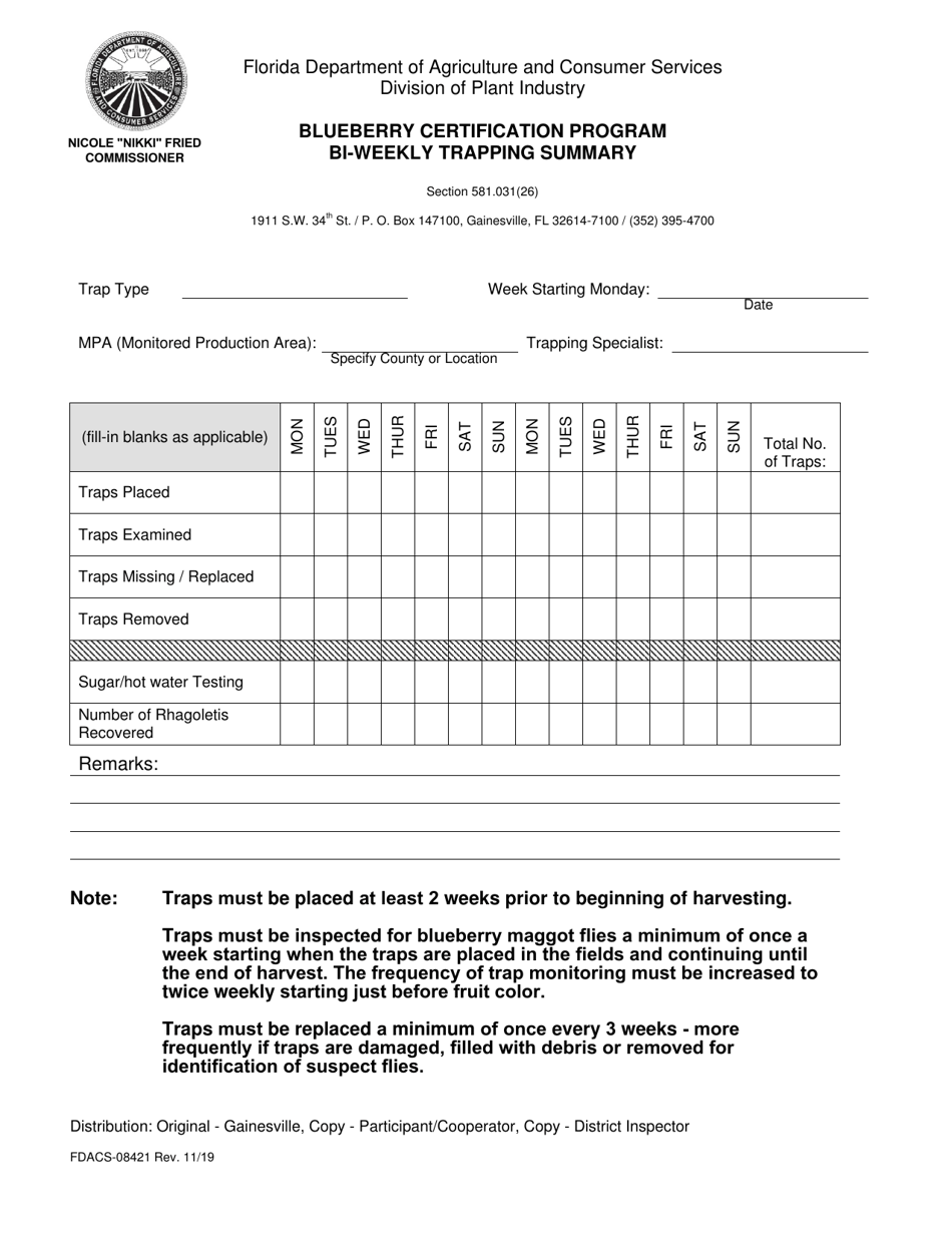 Form FDACS-08421 Blueberry Certification Program Biweekly Trapping Summary - Florida, Page 1