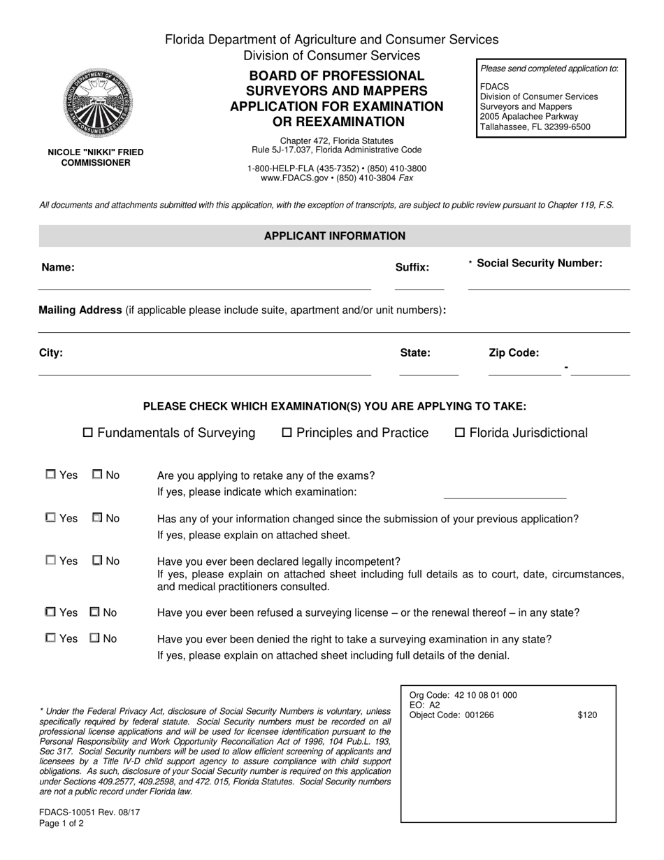 Form FDACS-10051 Board of Professional Surveyors and Mappers Application for Examination or Reexamination - Florida, Page 3