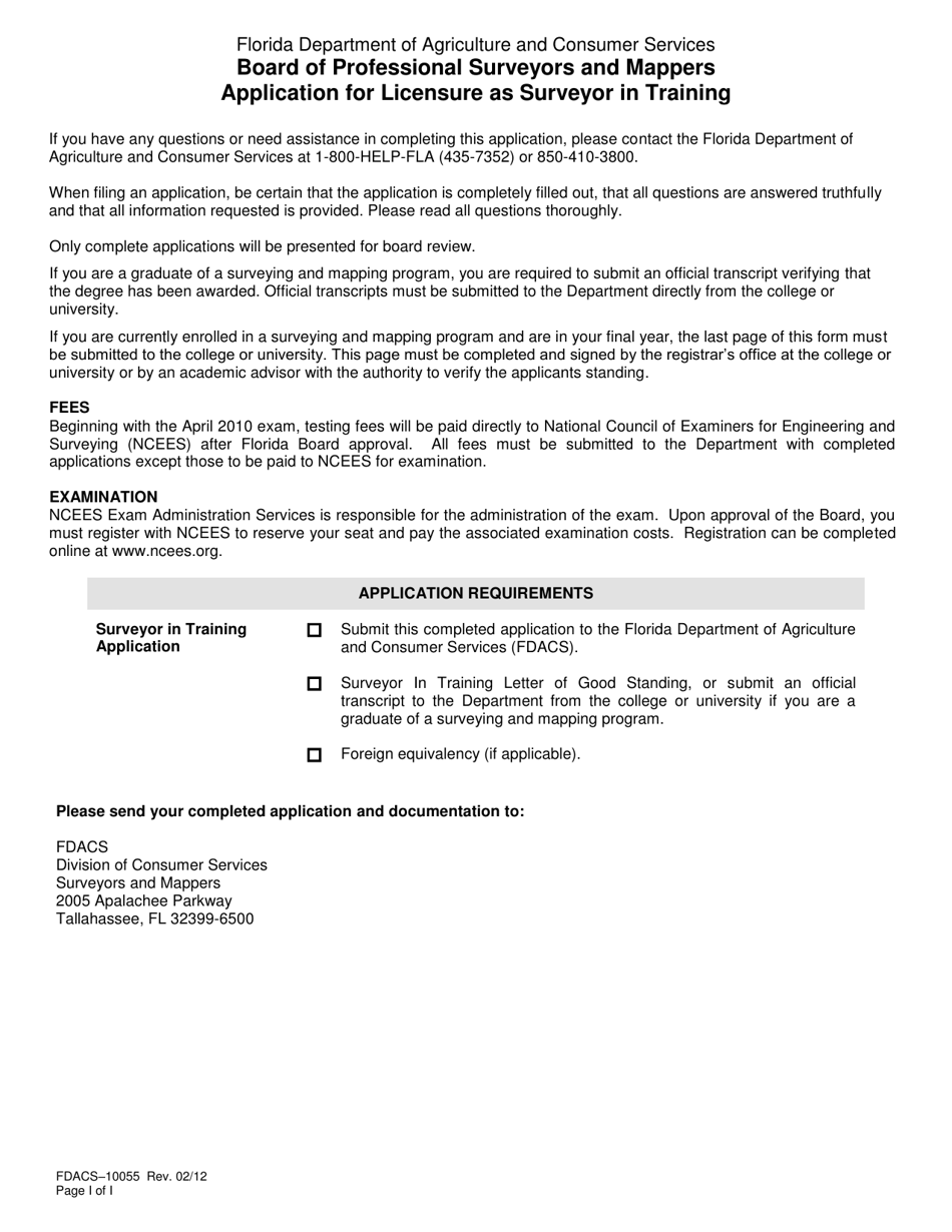 Form FDACS-10055 Board of Professional Surveyors and Mappers Application for Licensure as Surveyor in Training - Florida, Page 2