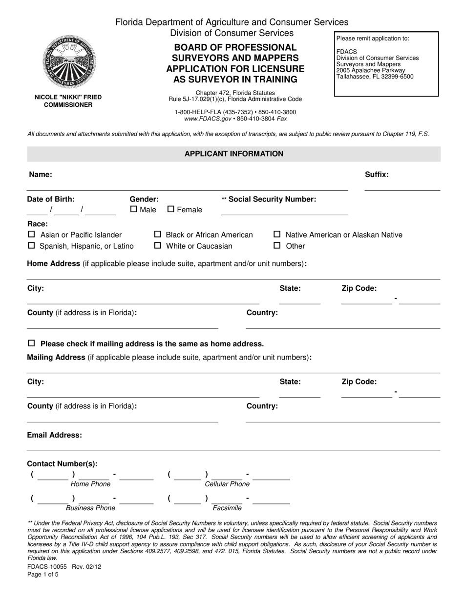 Form FDACS-10055 Board of Professional Surveyors and Mappers Application for Licensure as Surveyor in Training - Florida, Page 3