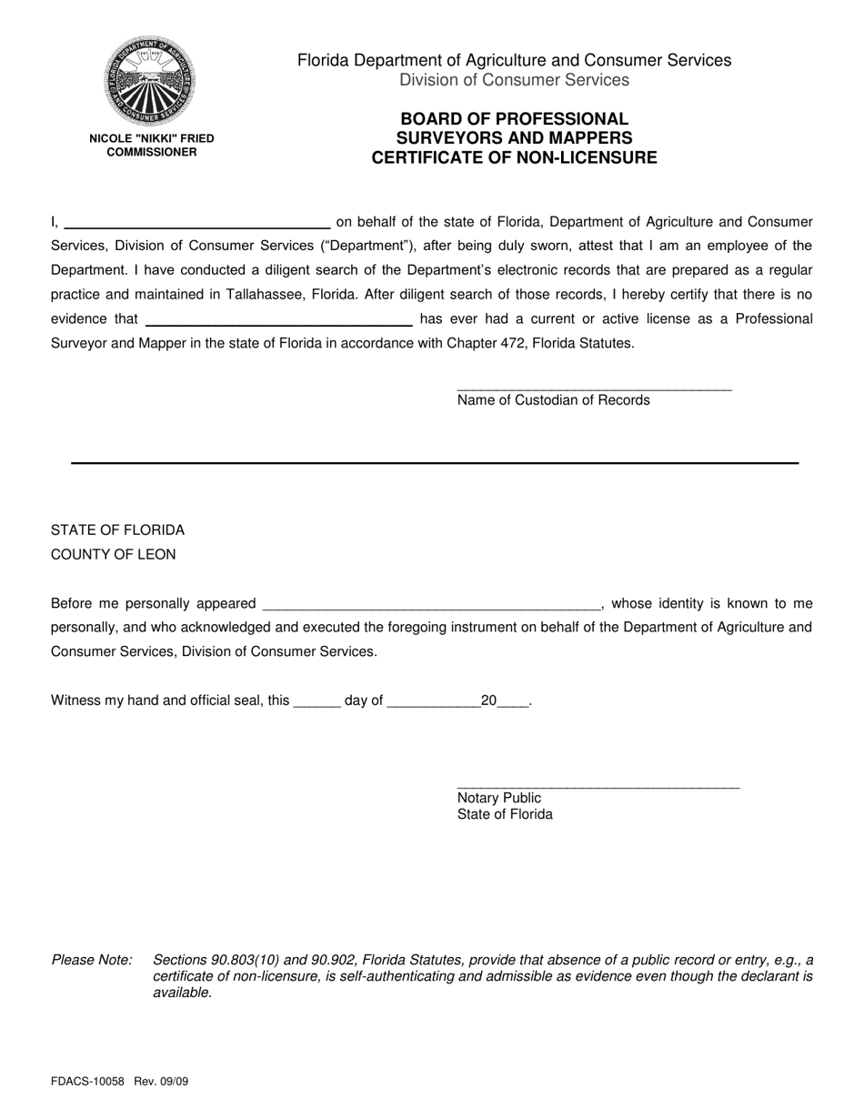 Form FDACS-10058 Board of Professional Surveyors and Mappers Certificate of Non-licensure - Florida, Page 1