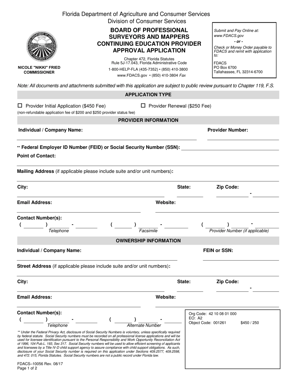 Form FDACS-10056 Board of Professional Surveyors and Mappers Continuing Education Provider Approval Application - Florida, Page 3