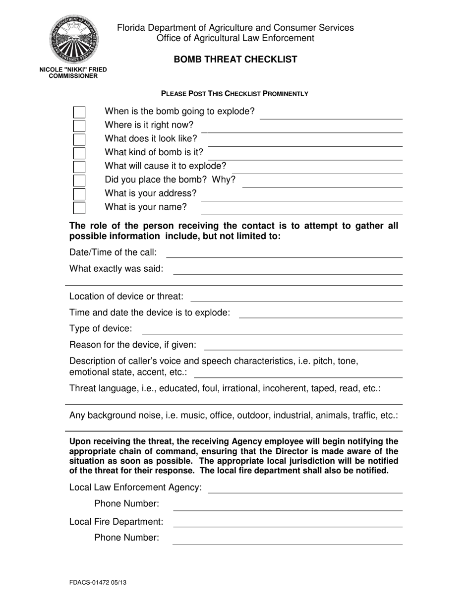 Form FDACS-01472 Bomb Threat Checklist - Florida, Page 1