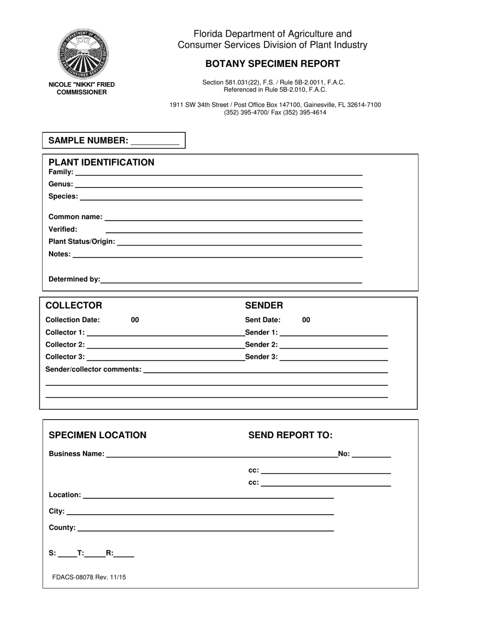 Form FDACS08078 Download Fillable PDF or Fill Online Botany Specimen