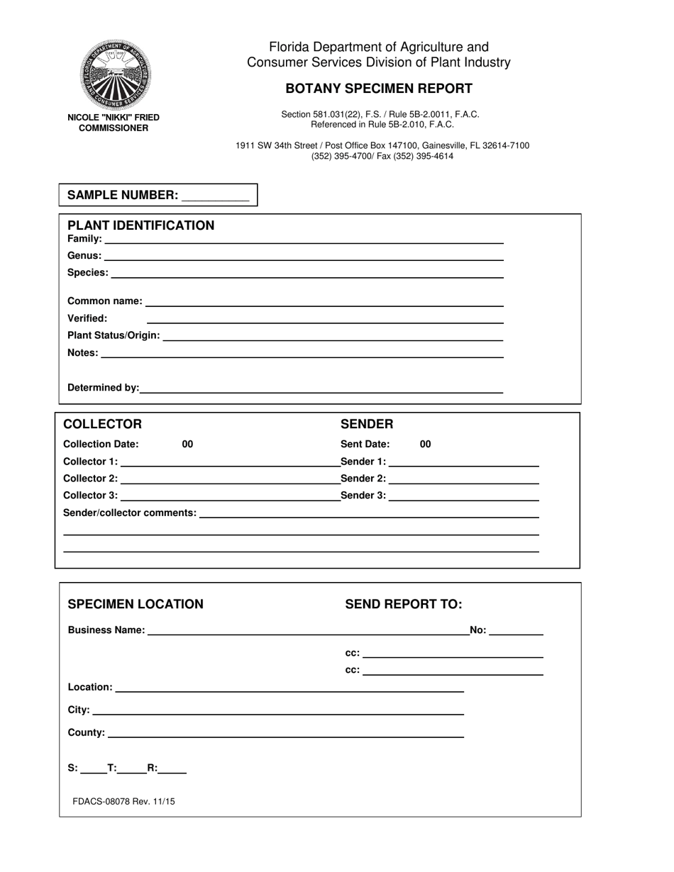 Form FDACS-08078 Botany Specimen Report - Florida, Page 1