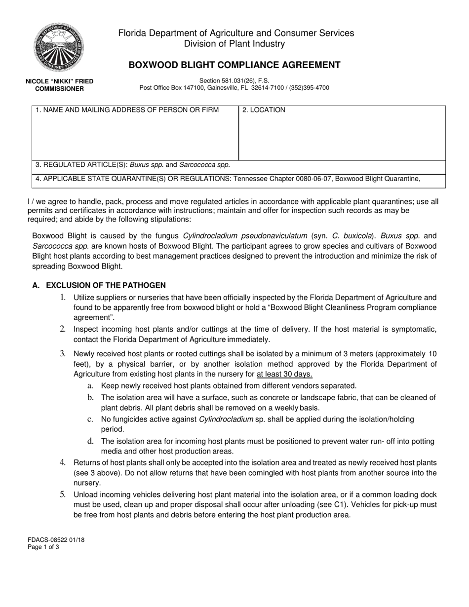 Form FDACS-08522 Boxwood Blight Compliance Agreement - Florida, Page 1