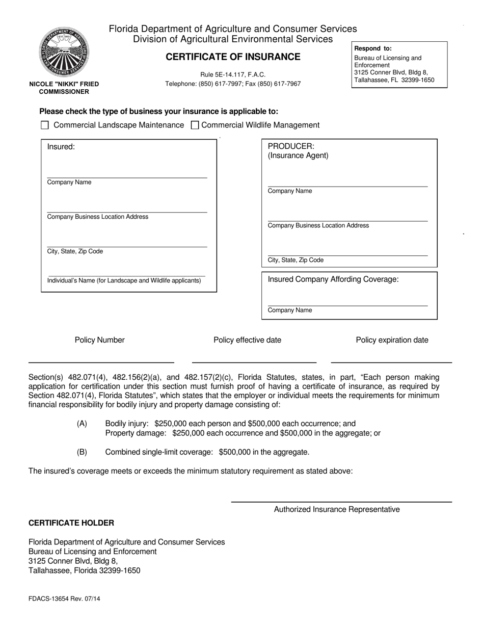 Form FDACS-13654 Certificate of Insurance - Florida, Page 1