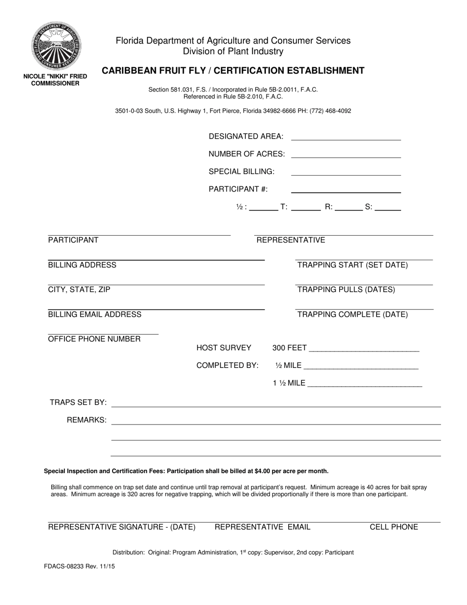 Form FDACS-08233 Caribbean Fruit Fly / Certification Establishment - Florida, Page 1