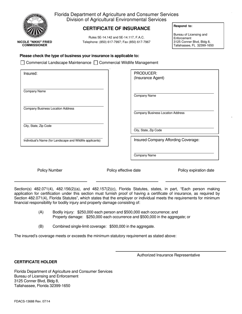 Form FDACS-13688 Certificate of Insurance - Florida, Page 1