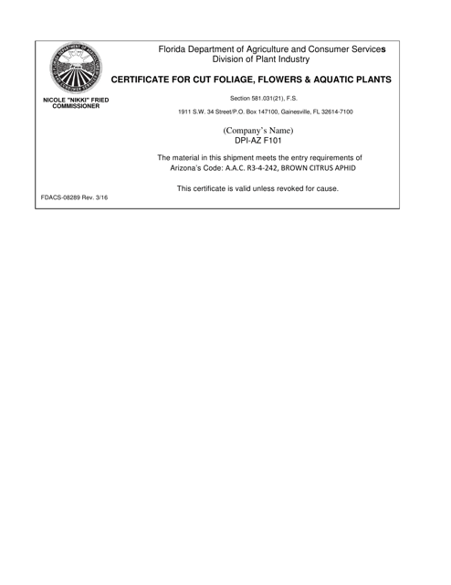 Form FDACS-08289 Certificate for Cut Foliage, Flowers & Aquatic Plants - Florida