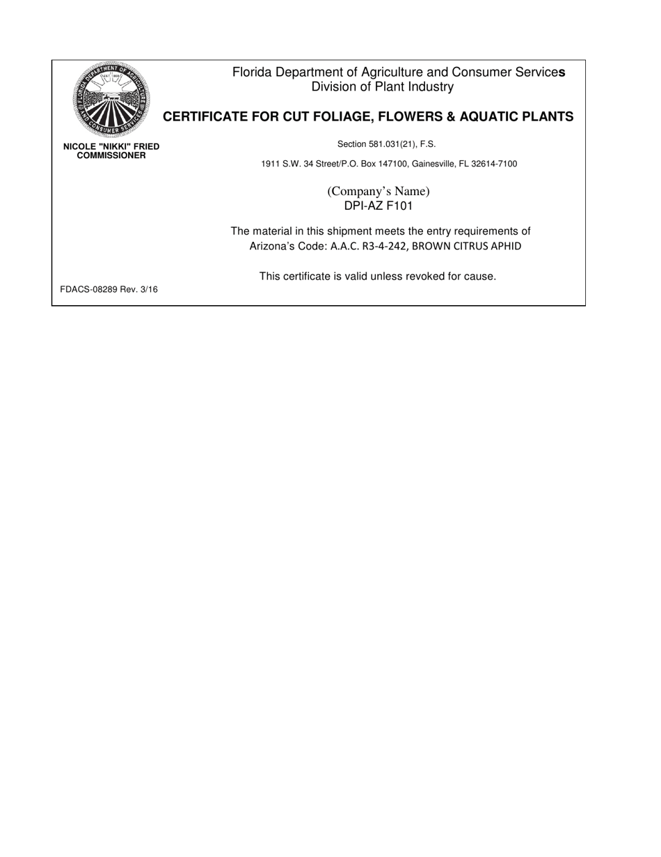 Form FDACS-08289 Certificate for Cut Foliage, Flowers  Aquatic Plants - Florida, Page 1
