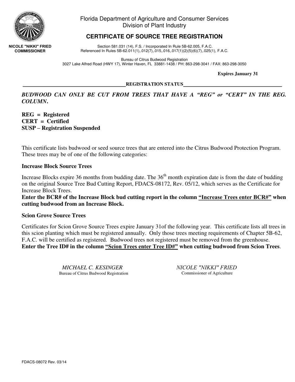 Form FDACS-08072 Certificate of Source Tree Registration - Florida, Page 1