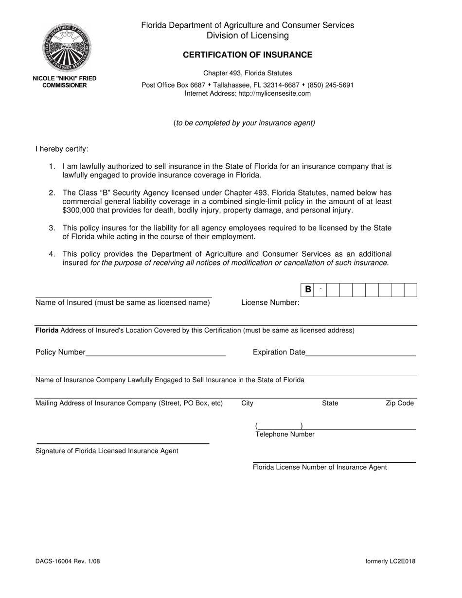 Form DACS-16004 Certification of Insurance - Florida, Page 1