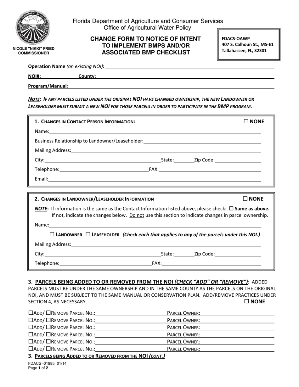 Form FDACS-01985 Change Form to Notice of Intent to Implement Bmps and / or Associated Bmp Checklist - Florida, Page 1
