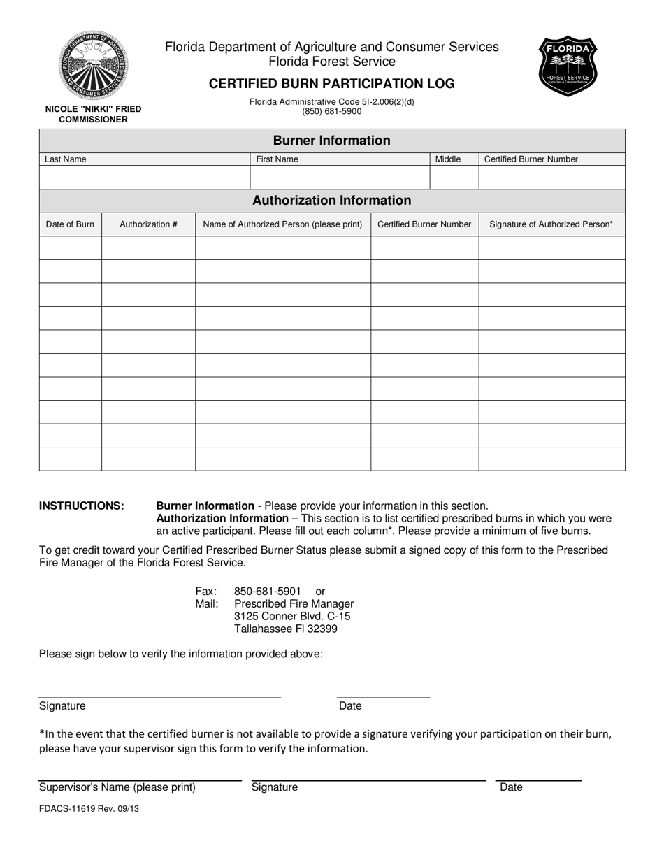 Form FDACS-11619 Certified Burn Participation Log - Florida, Page 1