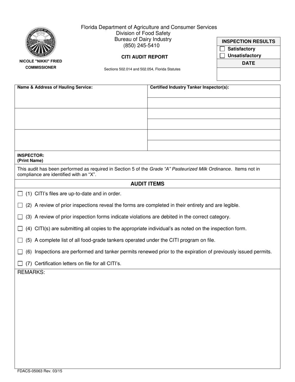 Form FDACS-05063 Citi Audit Report - Florida, Page 1