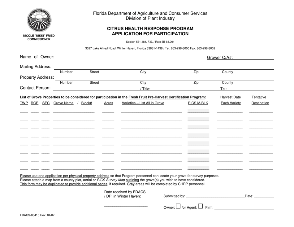 Form FDACS-08415 Citrus Health Response Program Application for Participation - Florida, Page 1
