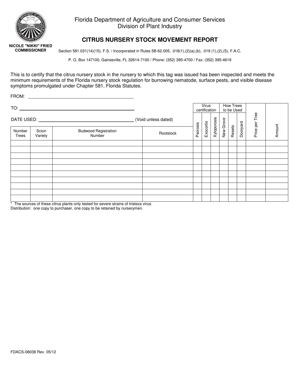 Form FDACS-08038 Citrus Nursery Stock Movement Report - Florida, Page 1