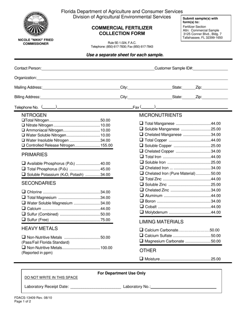 Form FDACS-13409 Commercial Fertilizer Collection Form - Florida