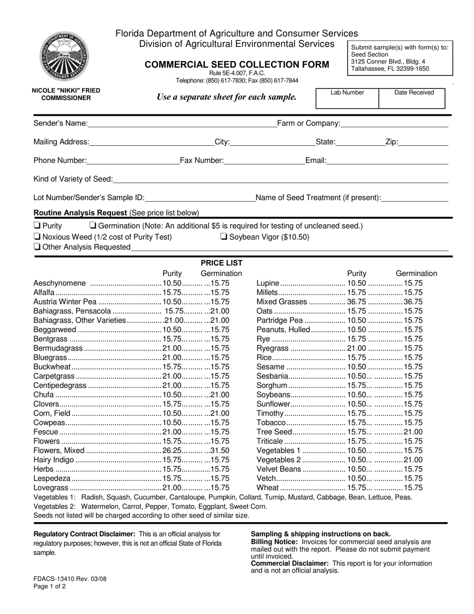 Form FDACS-13410 Commercial Seed Collection Form - Florida, Page 1