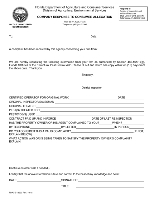 Form FDACS-13620  Printable Pdf