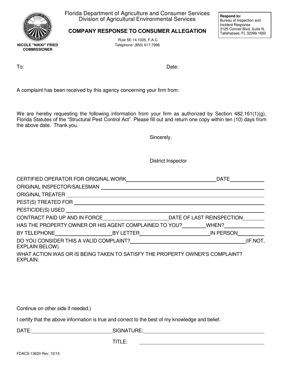 Form FDACS-13620 Company Response to Consumer Allegation - Florida, Page 1