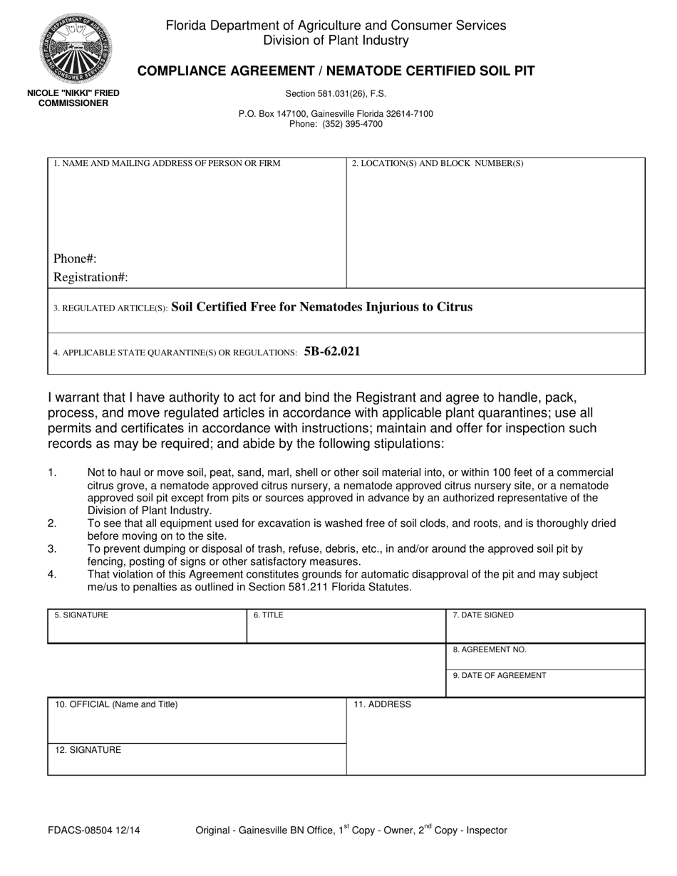 Form FDACS-08504 Compliance Agreement / Nematode Certified Soil Pit - Florida, Page 1