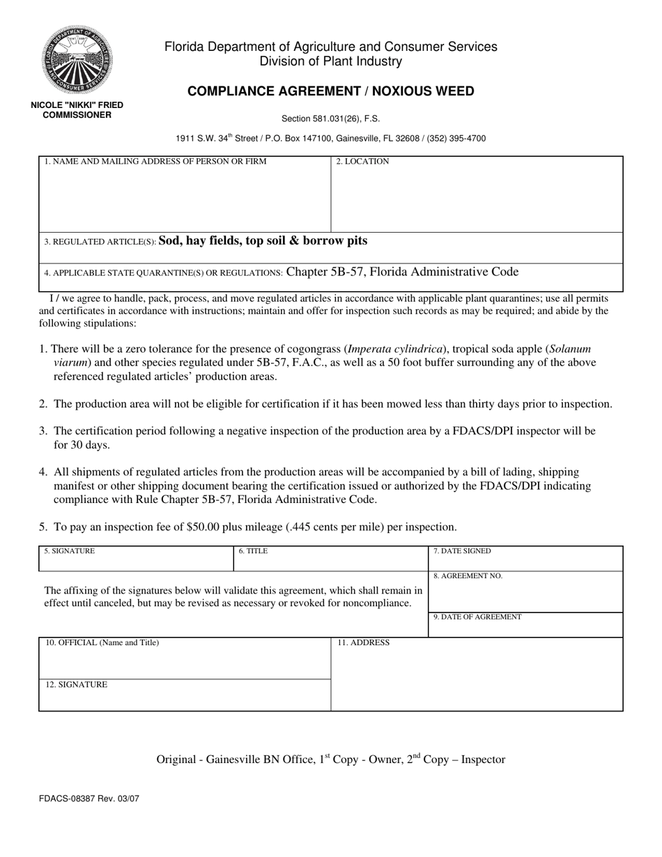 Form FDACS-08387 Compliance Agreement / Noxious Weed - Florida, Page 1