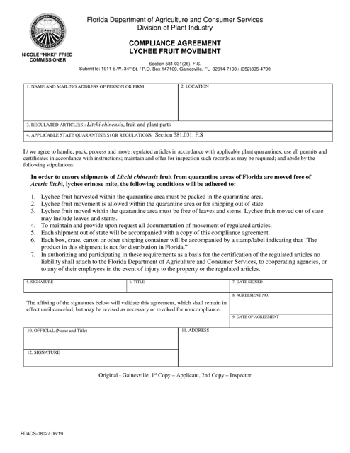 Form FDACS-08027  Printable Pdf