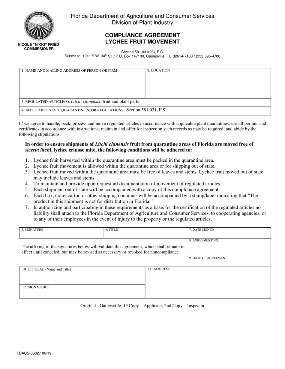 Form FDACS-08027 Compliance Agreement Lychee Fruit Movement - Florida, Page 1