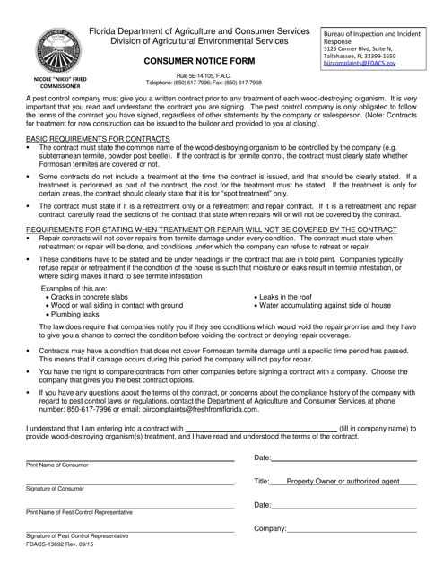 Form FDACS-13692 Consumer Notice Form - Florida