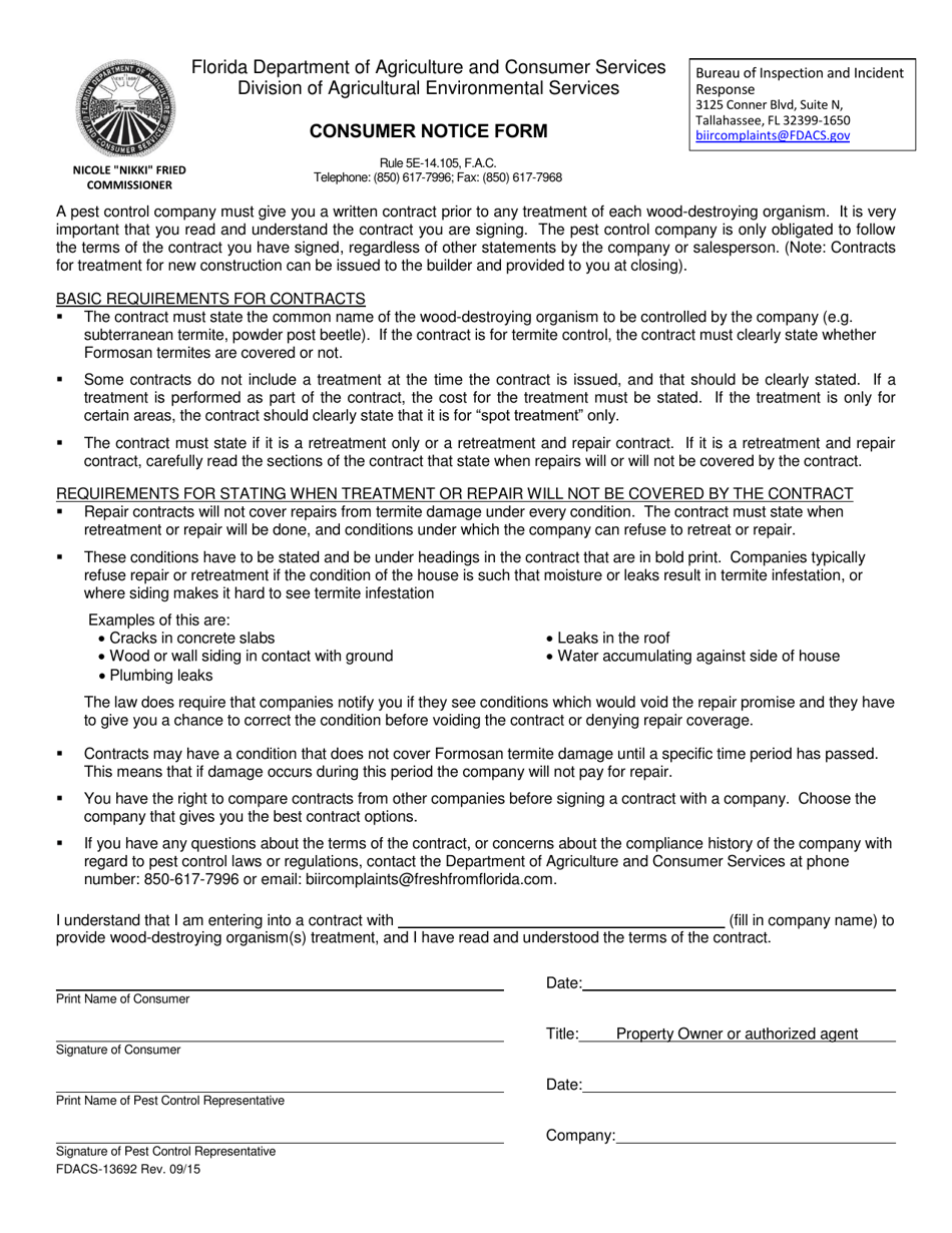 Form FDACS-13692 Consumer Notice Form - Florida, Page 1