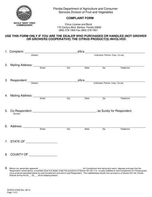 Form FDACS-07058 Complaint Form - Florida