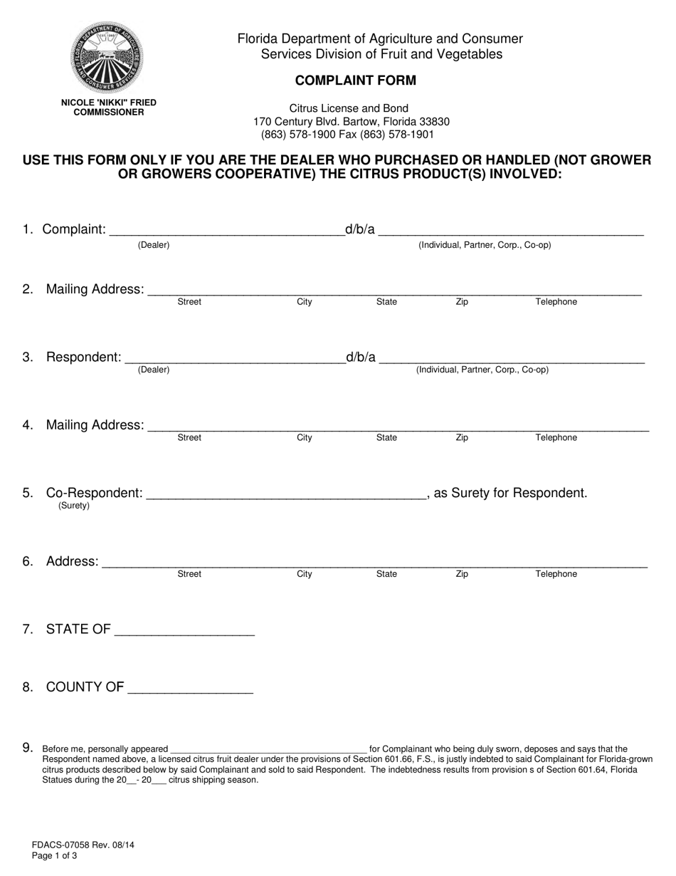 Form FDACS-07058 Complaint Form - Florida, Page 1
