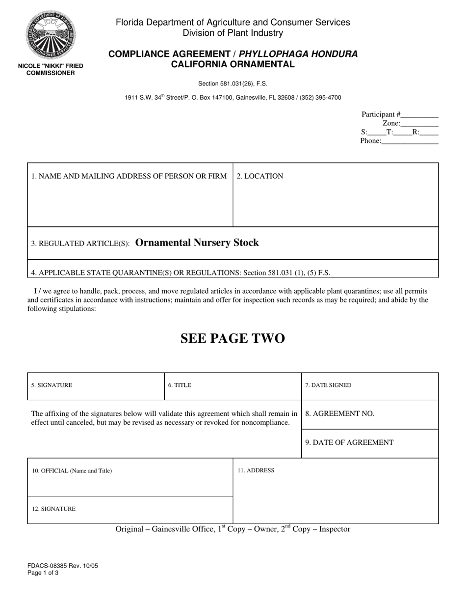 Form FDACS-08385 Compliance Agreement / Phyllophaga Hondura California Ornamental - Florida, Page 1