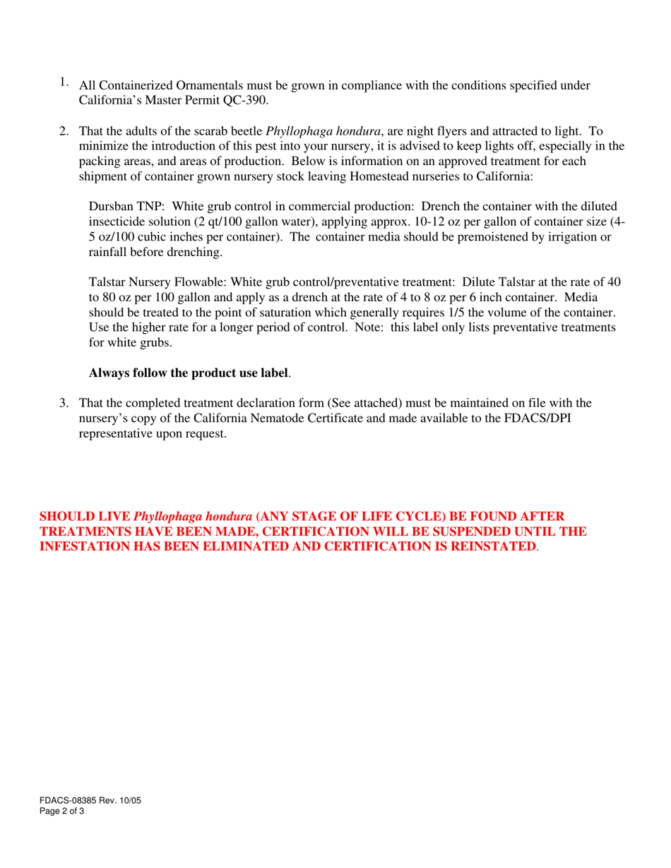 Form FDACS-08385 Compliance Agreement / Phyllophaga Hondura California Ornamental - Florida, Page 2